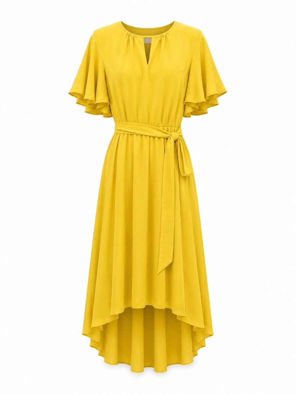 Yellow Flutter-Sleeve Midi Dress with Waist Tie